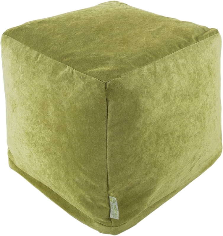 Navy Blue Botanical Print Pouf Ottoman with Piped Edges