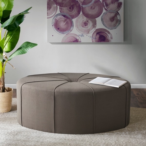 Navy Blue Button Tufted Oval Ottoman with Dark Tapered Legs