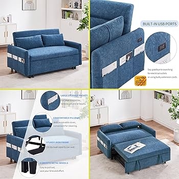 Navy Blue Convertible Loveseat Sleeper with Tufted Back and Pockets