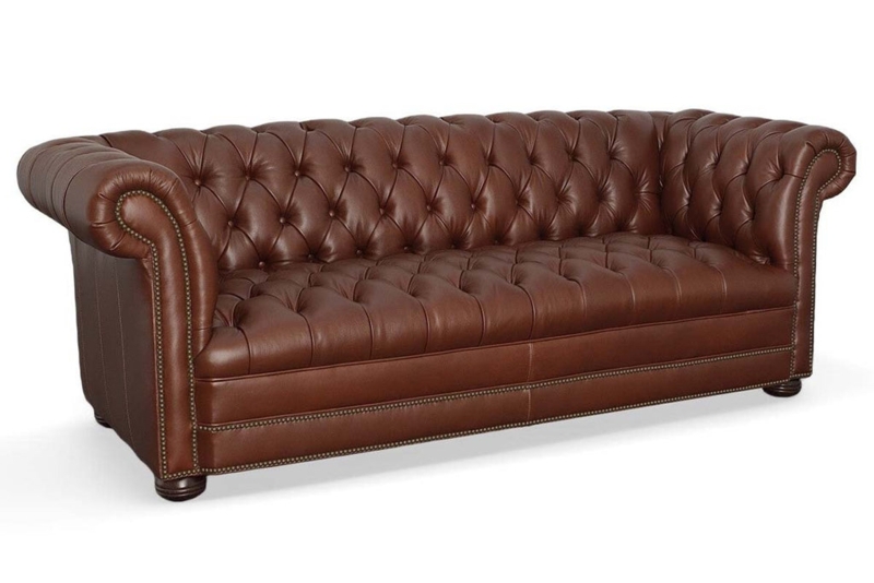 Navy Blue Leather-Like Chesterfield Sofa, Silver Nailheads, Bun Feet