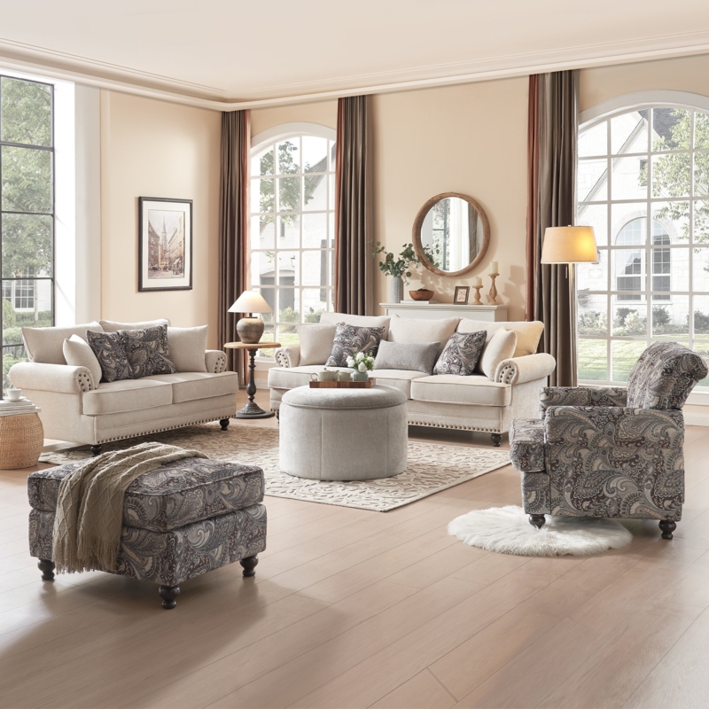 Navy Blue Living Room Set, Floral Accent Chair with Storage Ottoman