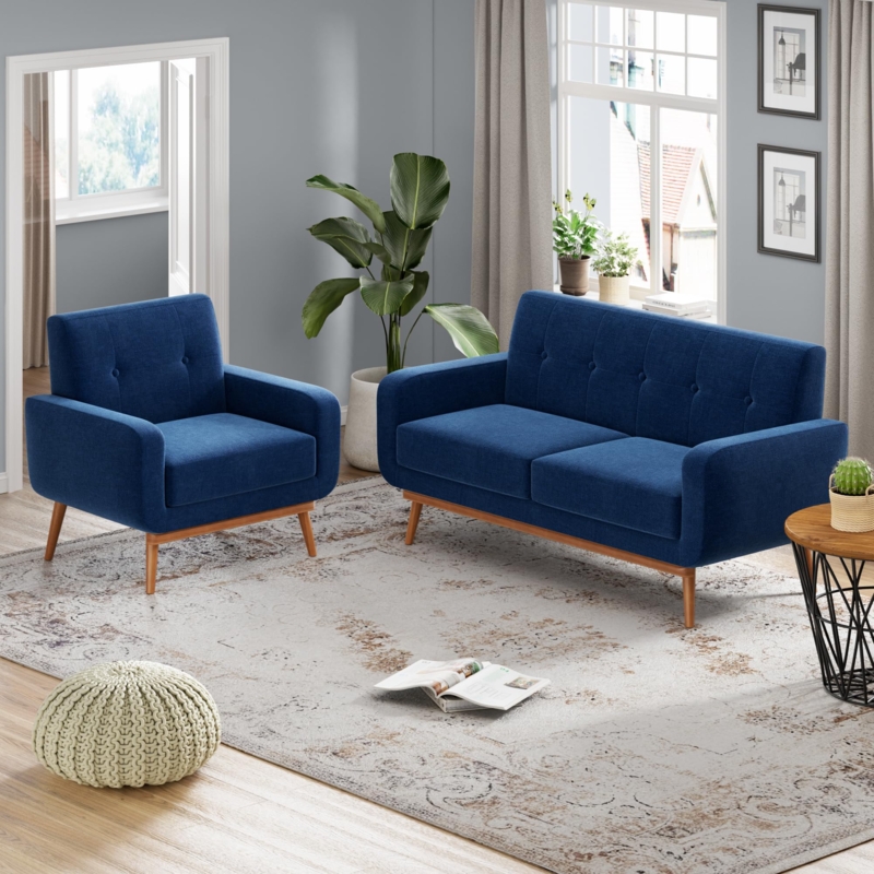 Navy Blue Living Room Set Tufted Mid-Century Seating