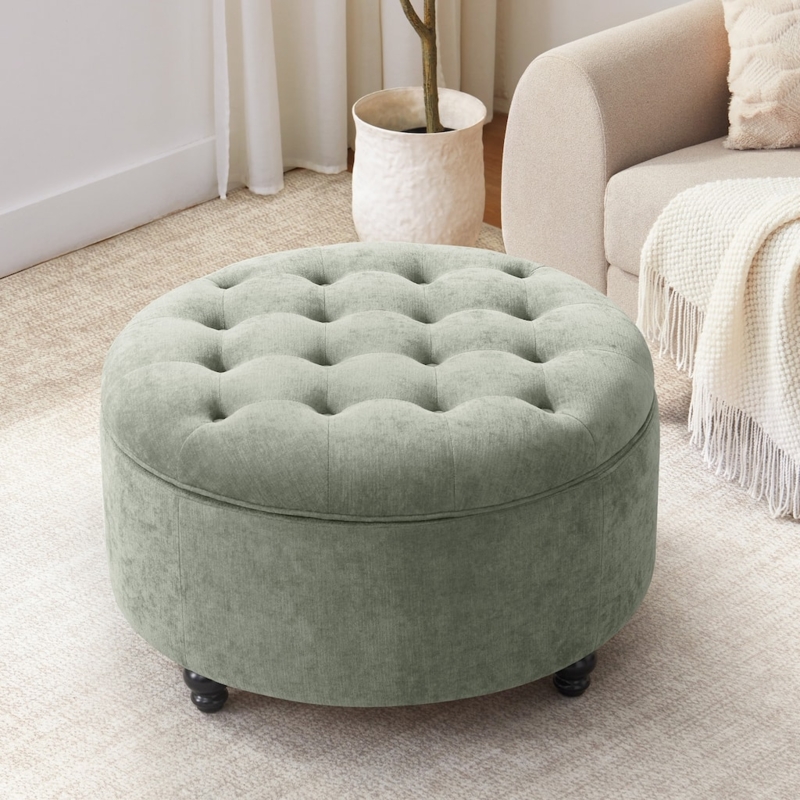 Navy Blue Round Storage Ottoman, Button Tufted Large Footrest