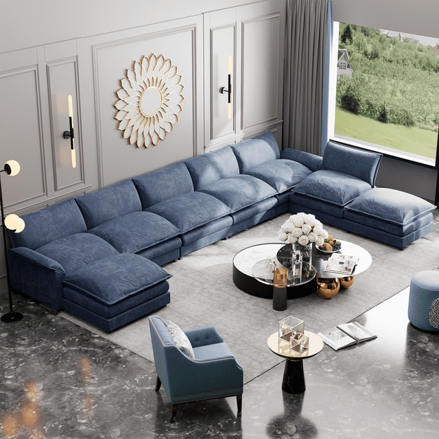 Navy Blue Sectional Sofa: 8 Seat Capacity U Shaped Modular Ottoman Set