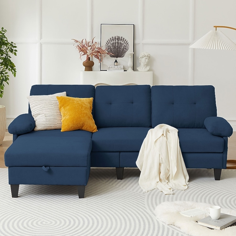 Navy Blue Sectional Sofa with L-Shaped Chaise in Modern Living Room