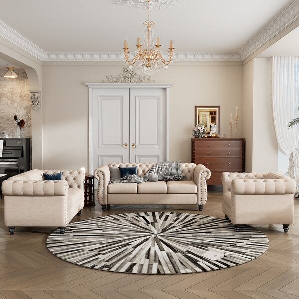 Navy Blue Velvet Living Room Set with Button Tufting
