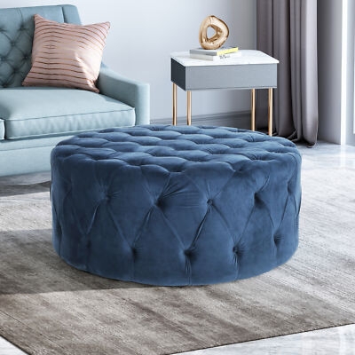 Navy Blue Velvet Round Ottoman, Button Tufting