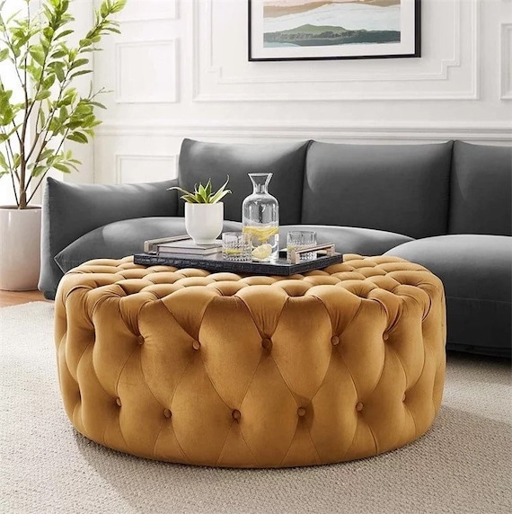 Navy Blue Velvet Round Tufted Ottoman Coffee Table