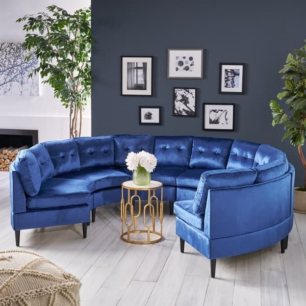 Navy Blue Velvet Sectional Sofa Diamond Tufted with Gold Tapered Legs