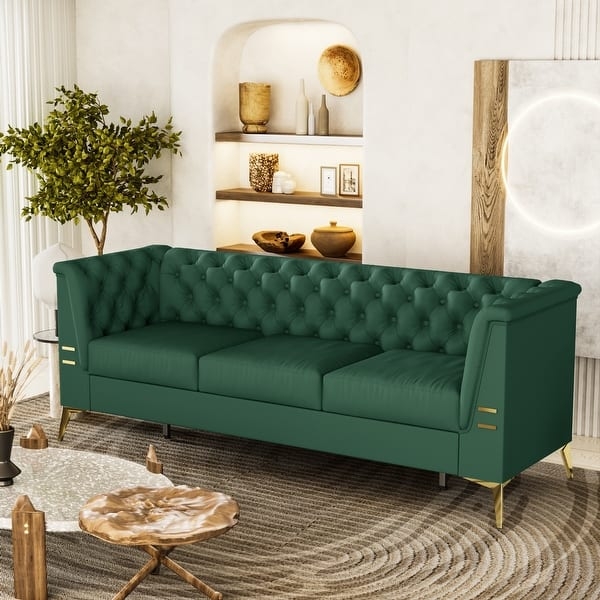 Navy Blue Velvet Sofa Gold Tapered Legs Button Tufted Back Mid-Century