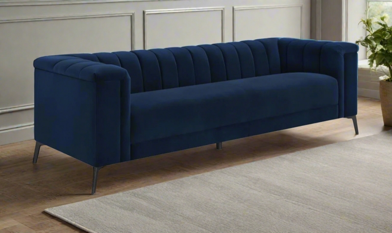 Navy Blue Velvet Tuxedo Sofa with Silver Channel Tufting