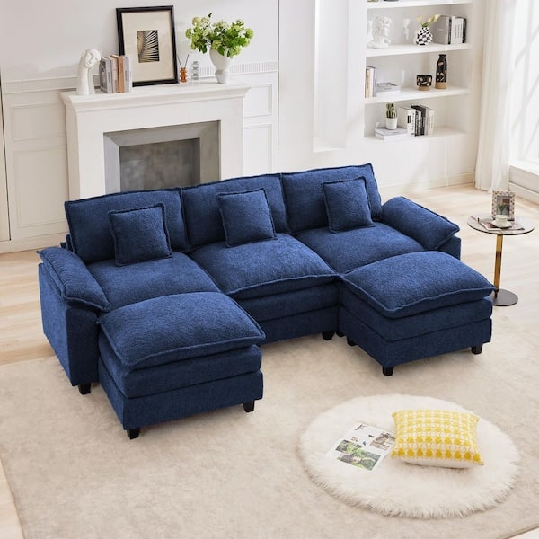 Navy Chenille U-Shaped Sectional Sofa with Modular Ottomans