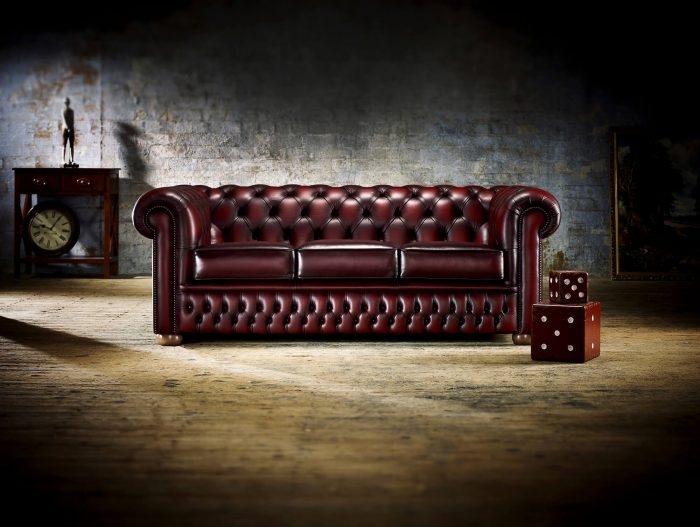 Navy Fabric Chesterfield Sofa Brass Nailhead Trim with Metal Casters
