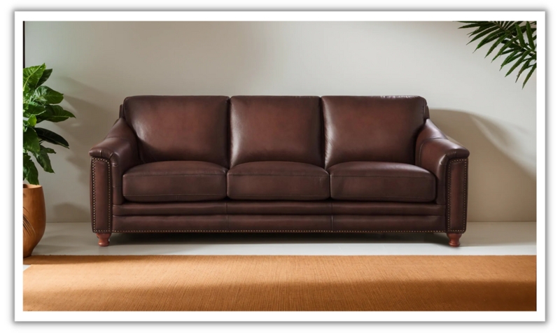 Navy Leather-Like Sofa, Button Tufted Back, Silver Nailhead Trim