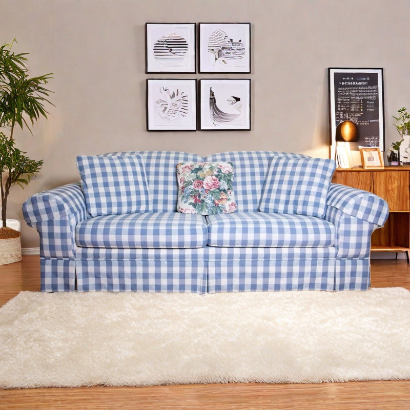 Navy Plaid Upholstered Sofa with Tapered Legs and Square Arms