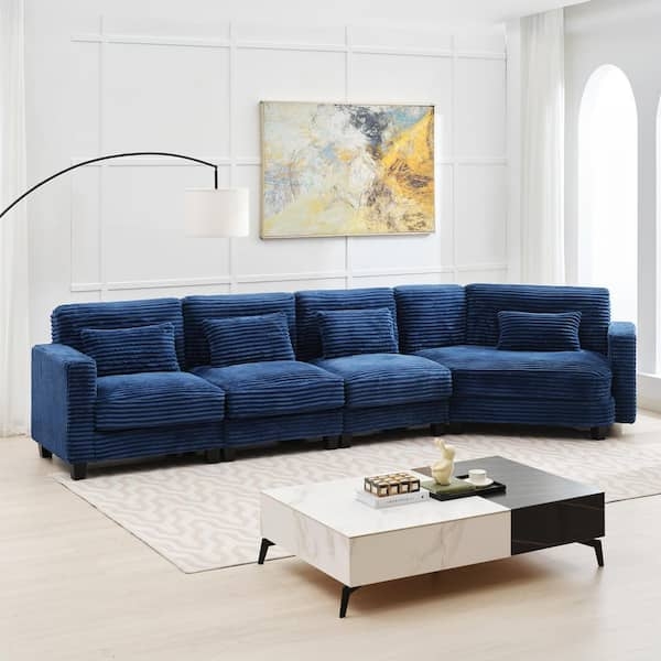 Navy Ribbed Corduroy Sectional Modular Minimalist Blue Seating Area
