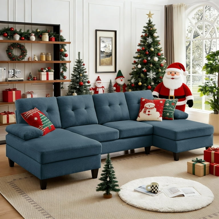 Navy Sectional with Side Pockets, Reversible Chaise Small Space Sofa