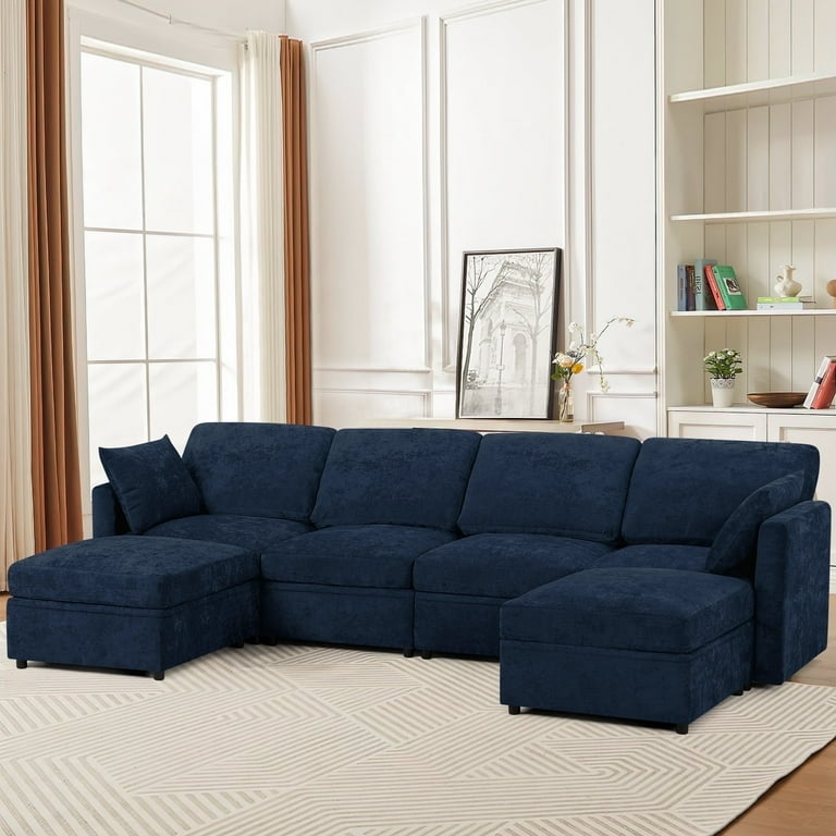 Navy U-Shaped Sectional Textured Chenille Dual Ottomans Couch Ideas