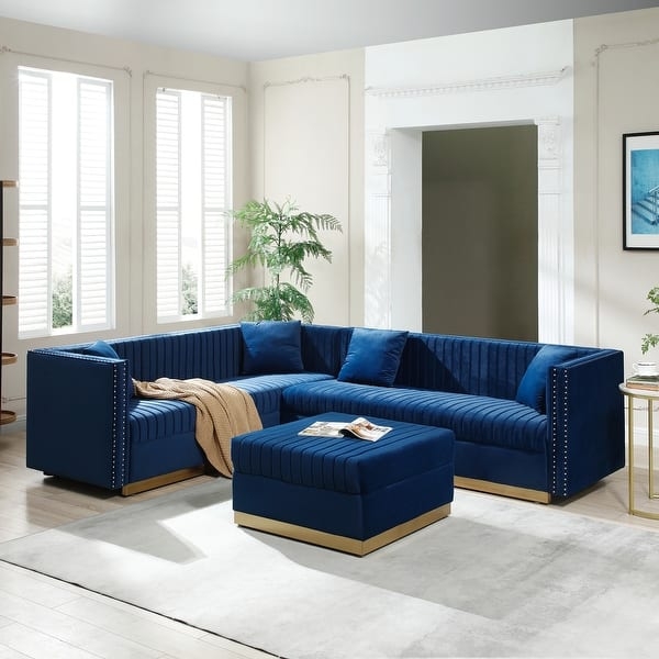 Navy Velvet Sectional Sofa Chesterfield Tufted Silver Nailhead Glam Decor
