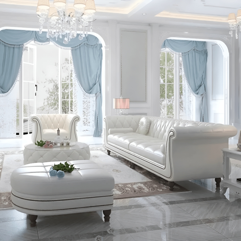 Neoclassical Sofa Set White Leather-Like with Silver Ornate Carvings