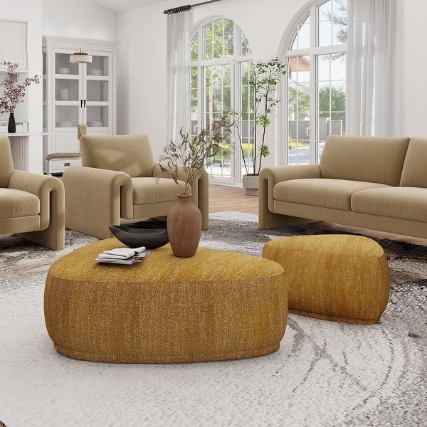 Nested Cocktail Ottoman Set, Beige Organic Pebble Shape Upholstery