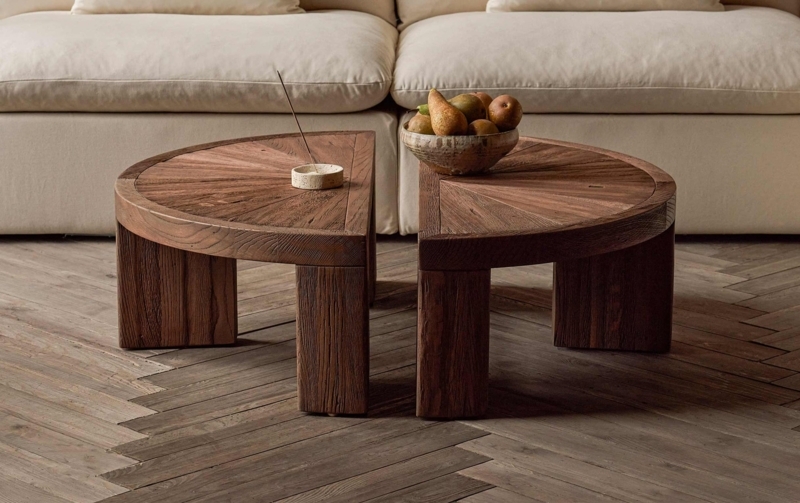 Nested Wood Coffee Table Set. Low Profile Minimalist Design, Block Legs.