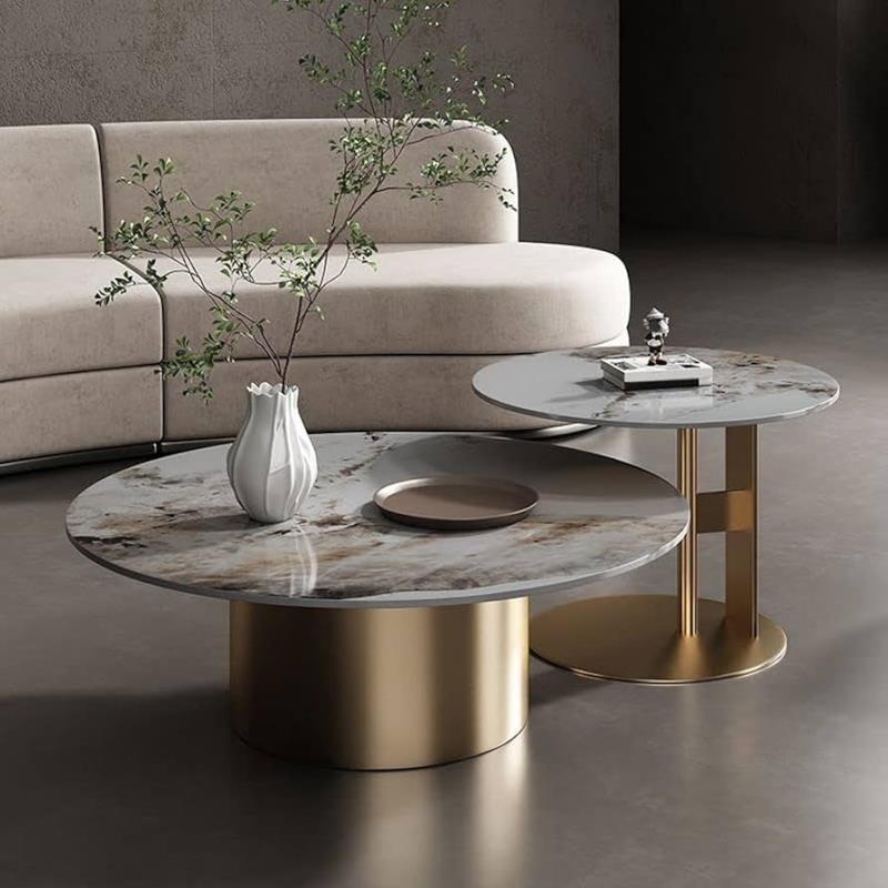 Nesting Coffee Table Set Fluted Gold Pedestal Base Round Marble