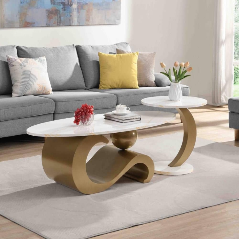 Nesting Coffee Table Set Gold Tripod Base Mixed Shapes