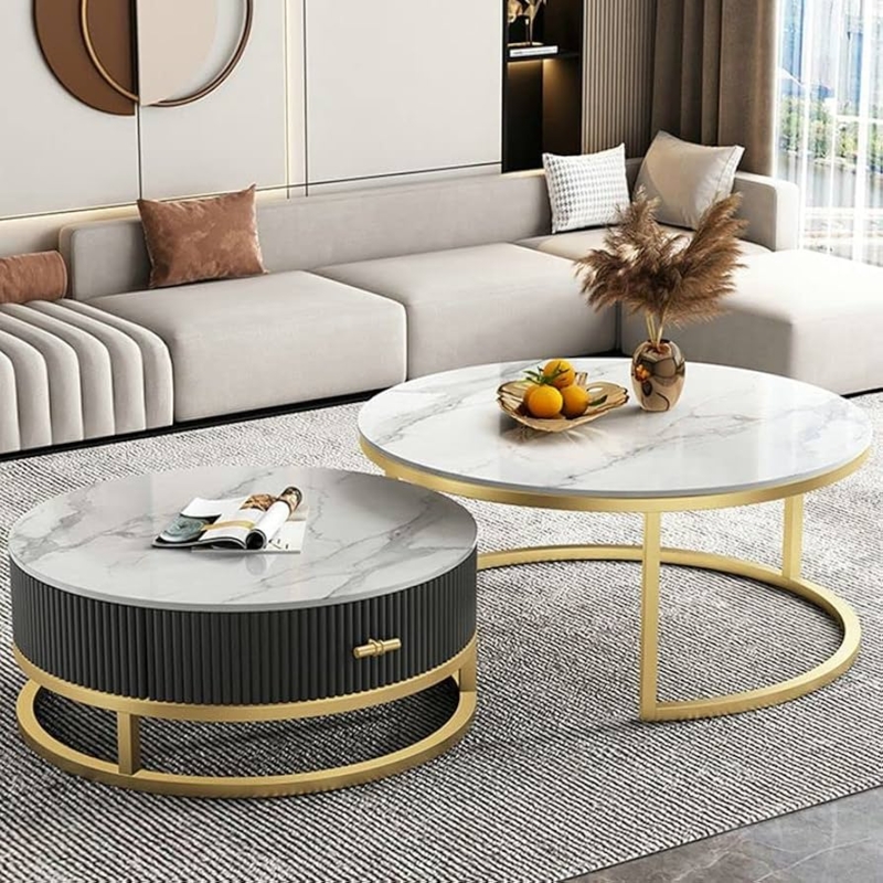 Nesting Coffee Table Set Marble Pattern Gold Base with Drawer