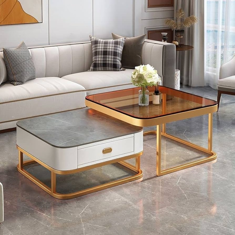 Nesting Coffee Table Set Marble Veining and Dark Grey Round Tops