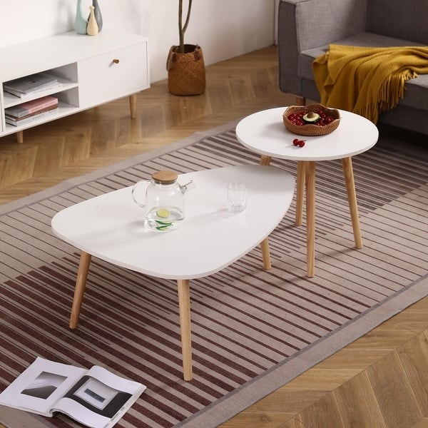 Nesting Coffee Table Set, Round Tops, White and Oak Two-Tone Finish