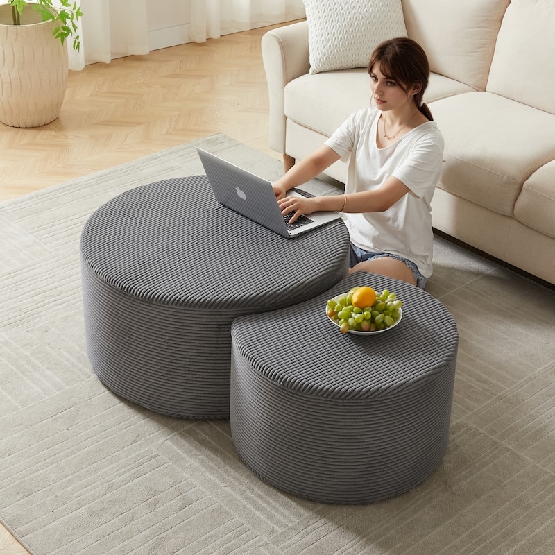 Nesting Coffee Table Set Round Wood Boucle Channel Tufted Ottoman Glam