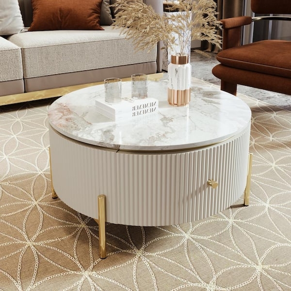 Nesting Coffee Table Set White Ribbed Pedestal Base with Storage Drawers