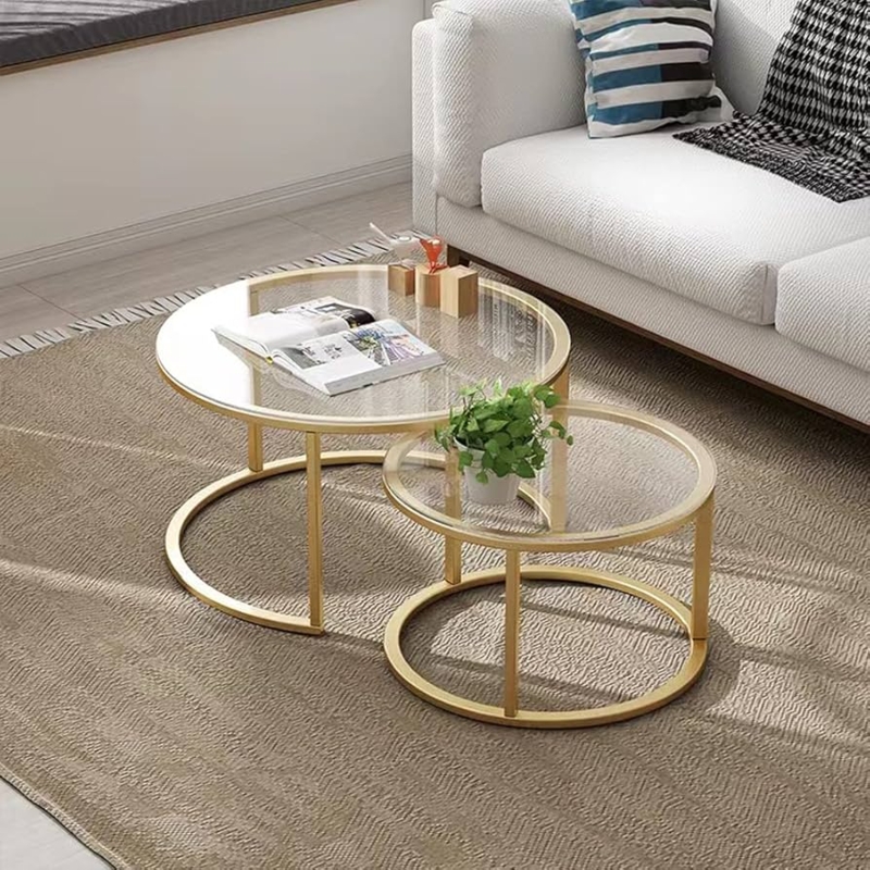 Nesting Coffee Table Set with Circular Glass Tops and Slim Frames