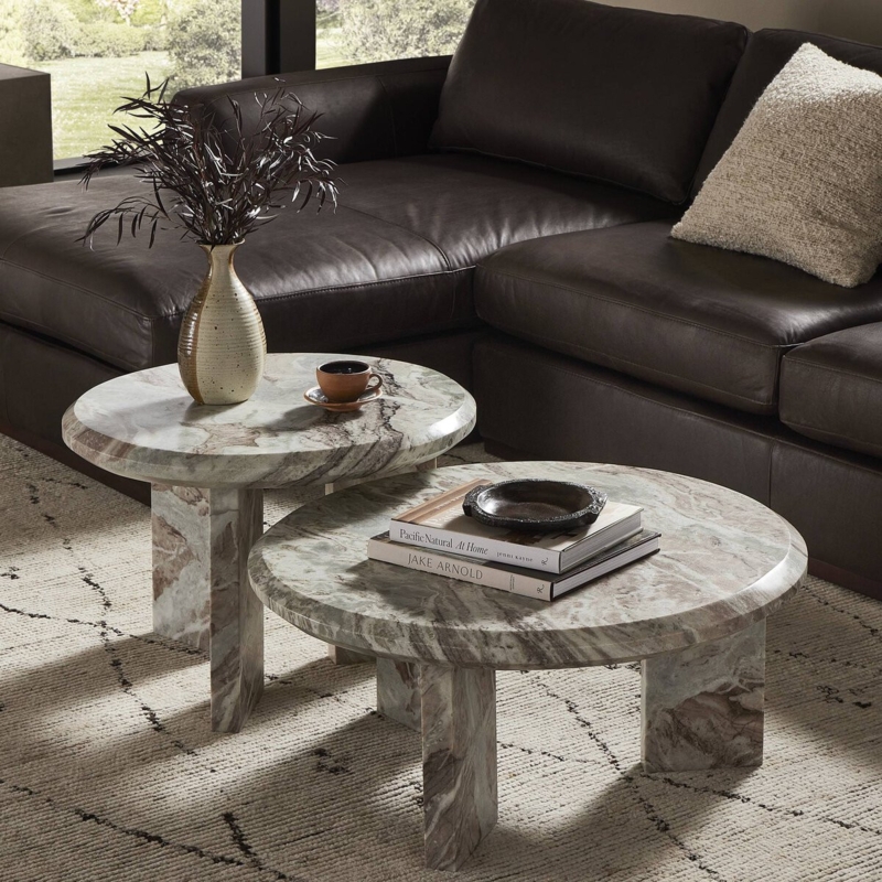 Nesting Coffee Table Set with Fluted Wood Base and Creamy Stone Tops