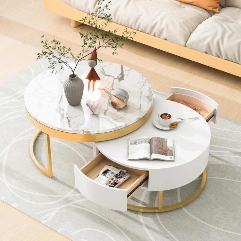 Nesting Coffee Table White Gold Legs Storage Drawers Glam Style Set