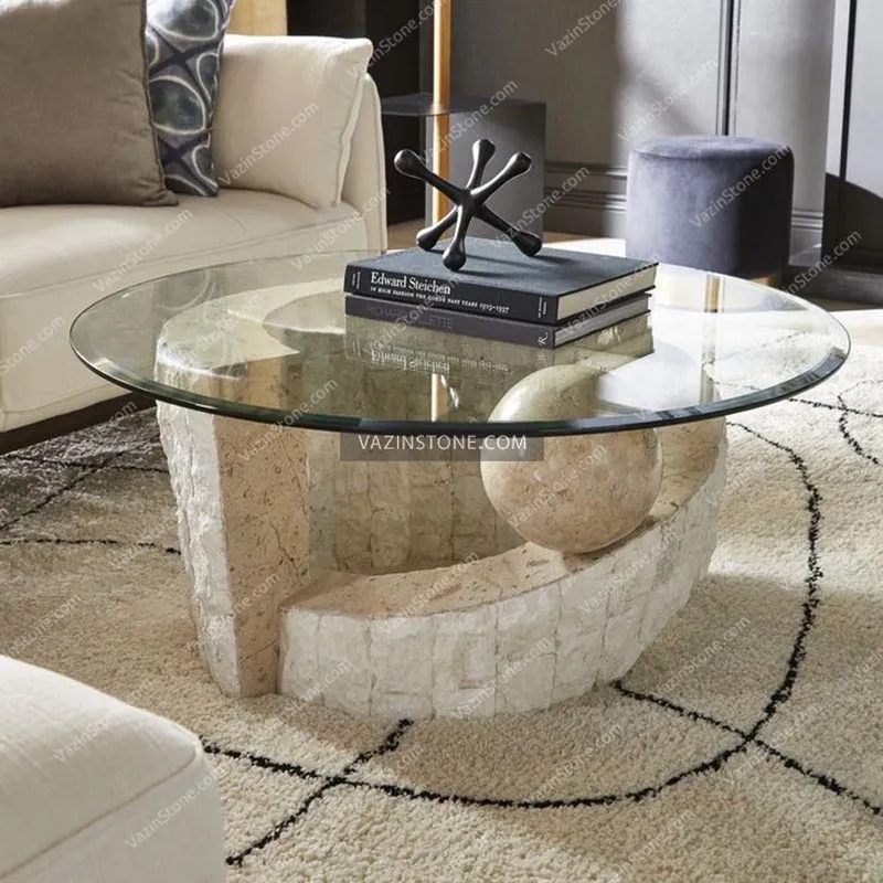 Nesting Coffee Tables in Shell Stone with Fossil Pattern