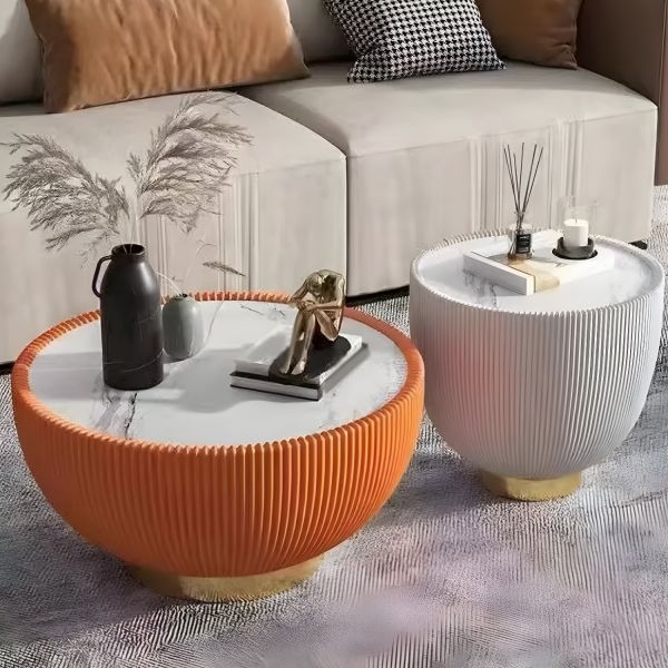 Nesting Coffee Tables Orange Fluted Base Stone Look Top Glam