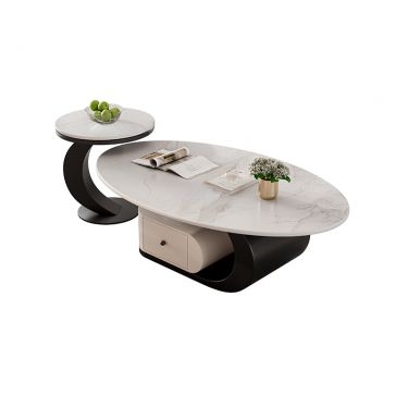 Nesting Coffee Tables Ribbed Gold Base Marble Look Top Glam Style