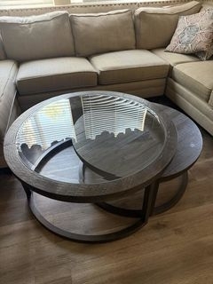 Nesting Coffee Tables Round Glass Top Slim Black Frame Contemporary Set