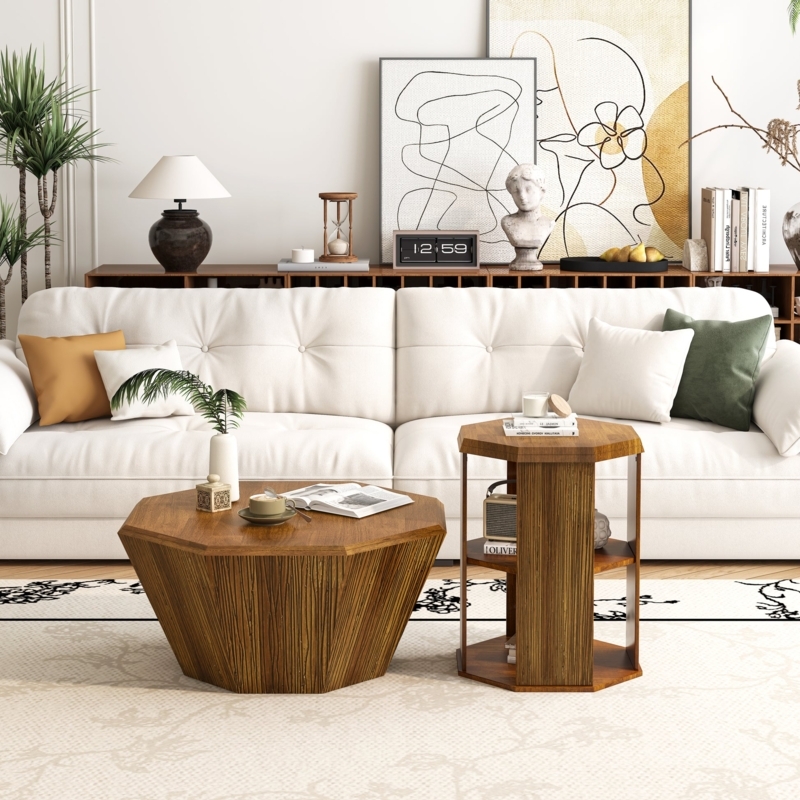 Nesting Coffee Tables Set, Octagonal Tops, Tripod Legs, Scandi Style