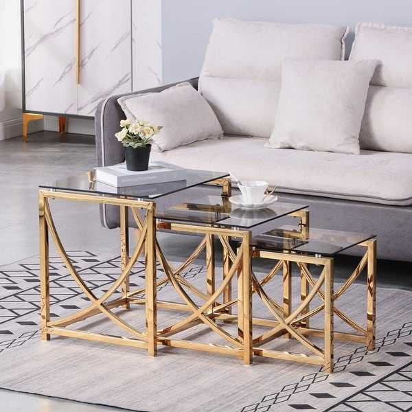 Nesting Coffee Tables Three Piece Set Grey Tempered Glass