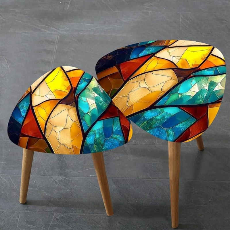 Nesting Coffee Tables Vibrant Stained Glass Tops Plectrum Shape Minimalist