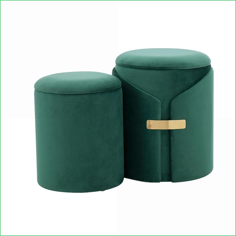 Nesting Ottomans Sage Green Velvet Gold Base Drum Set of 2