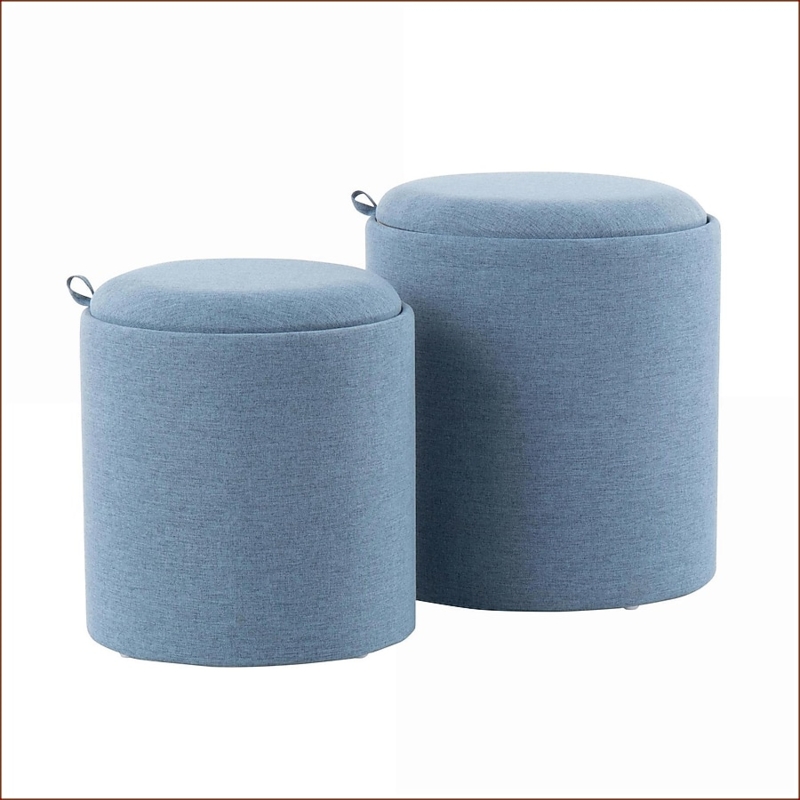Nesting Ottomans Set of 2 Royal Blue Round Wood Tray Tops Storage