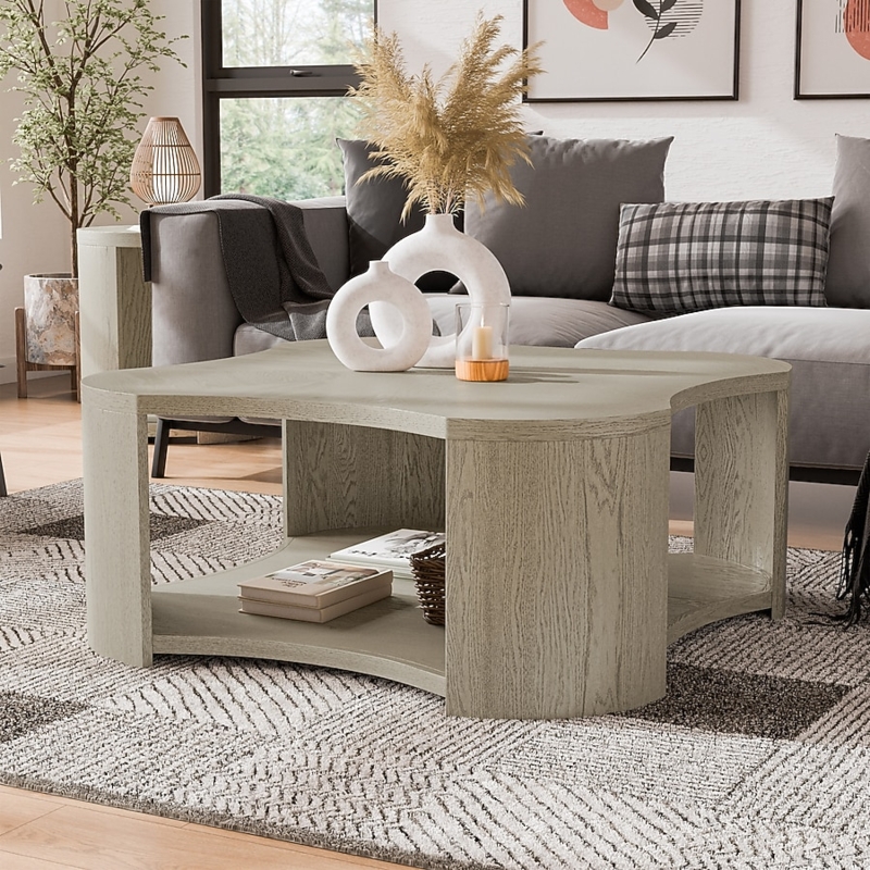 Oak Coffee Table with Storage Drawers and Open Shelf, Modern Design