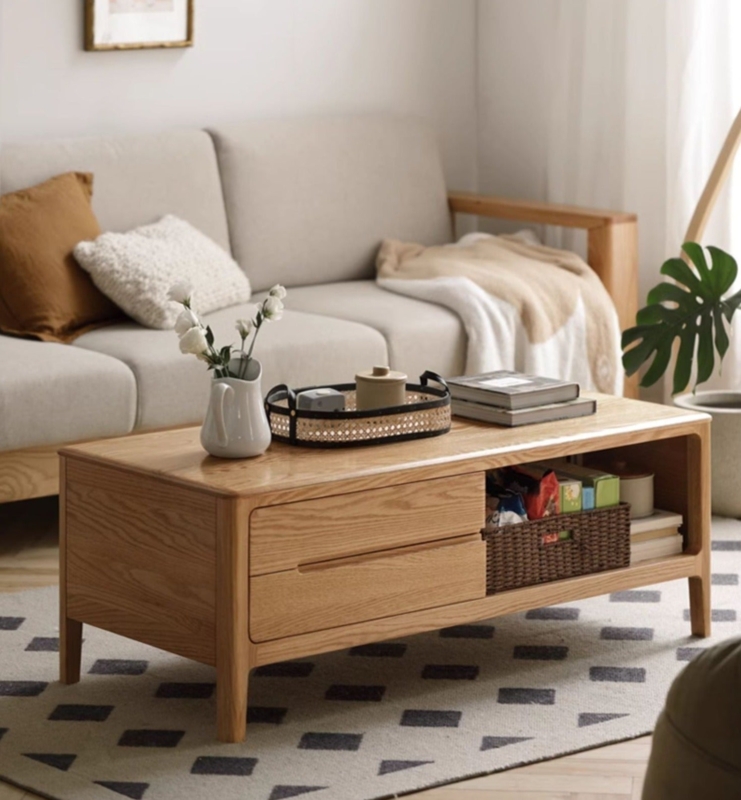 Oak Coffee Table with Three Storage Drawers and Block Legs