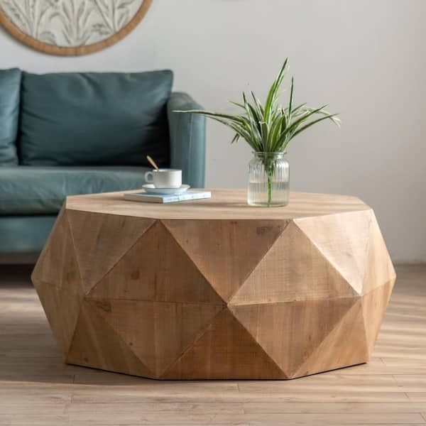 Octagon Coffee Table, Embossed Geometric Panels, Natural Oak Tone