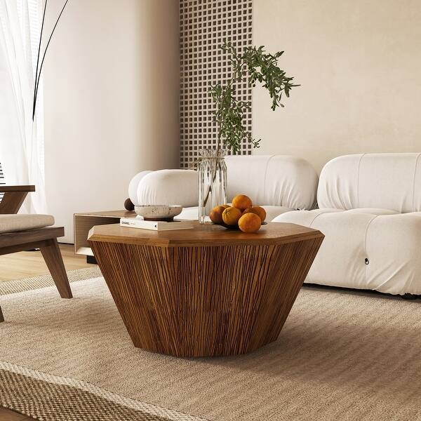 Octagonal Coffee Table featuring Ribbed Pedestal Base, Japandi Style