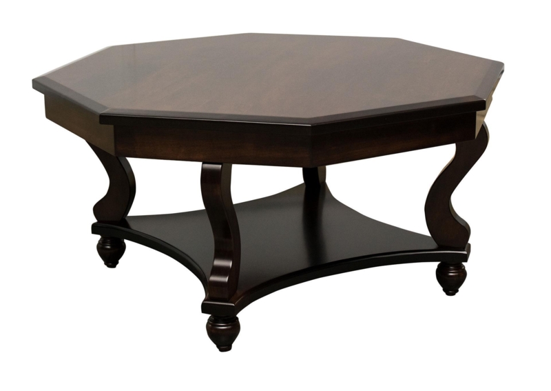 Octagonal Coffee Table with Lower Storage Shelf in Warm Wood Tone